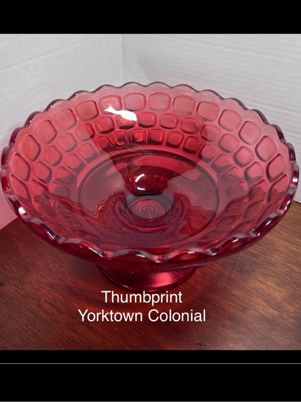 Vtg Federal Glass Yorktown Colonial Thumbprint Ruby Red Footed Bowl HTF 1950s
